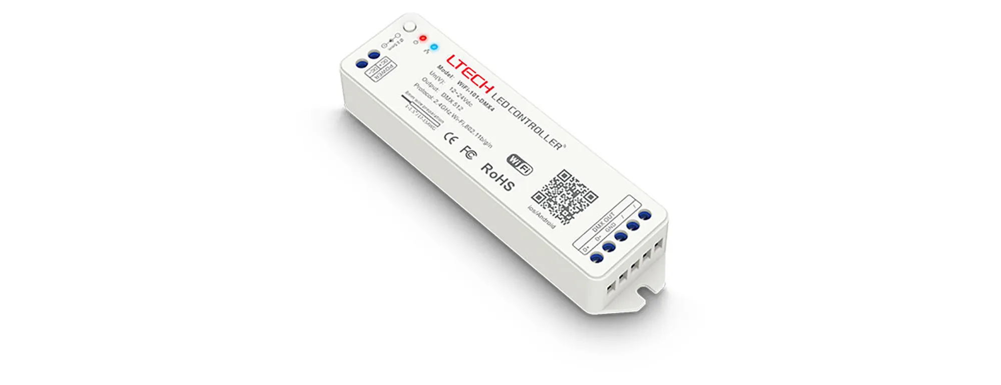 WiFi-101-DMX4  Wi-Fi RGBW Controller DMX512 12/24V DC, Wi-Fi/3G/4G, Smart phone and Music interface, IP20